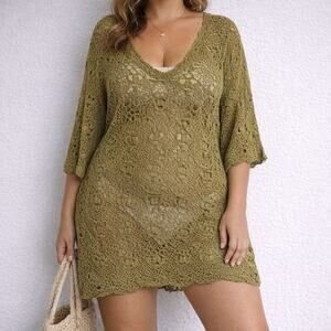 Jakelin Olive Green Crochet Knit Tunic Coverup Boho Sheer Sz 2X